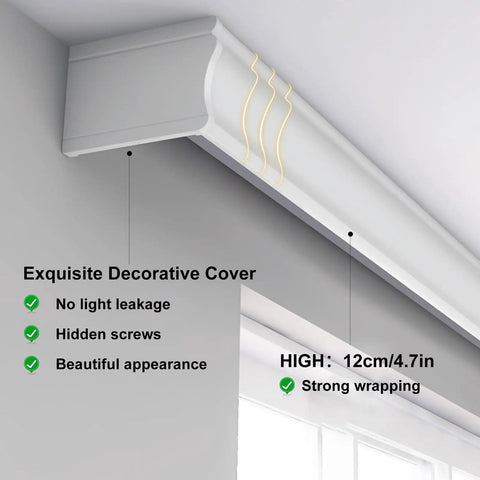 Double Curtain Pelmet Box With Heavy Duty Dual Tracks 3 In 1 Ceiling And Wall Mount Room Divider Curtain Rail For Living Room Bedroom Hotel And Villa White 180cm, 12cm high