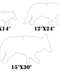 Three Eighths Inch AR500 15 By 30 Coyote Silhouette Steel Target For Range And Hunting Practice Heavy Duty 27 Lb Plate With Half Inch Mount Hole Unpainted Finish Mounting With Carriage Bolt Or AR500 T Post Hooks shown in 7x14, 12x24, and 15x30 sizes.