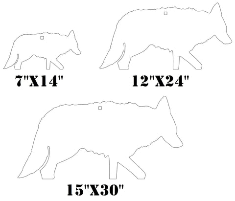 Three Eighths Inch AR500 15 By 30 Coyote Silhouette Steel Target For Range And Hunting Practice Heavy Duty 27 Lb Plate With Half Inch Mount Hole Unpainted Finish Mounting With Carriage Bolt Or AR500 T Post Hooks shown in 7x14, 12x24, and 15x30 sizes.