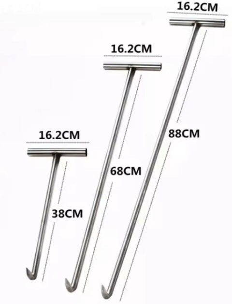 No Sweat Heavy Duty Stainless Steel T Hook Lifter For Manhole Covers Drain Grates Storm Sewers, shown in three sizes up to 88CM.