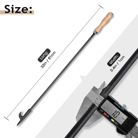 32 Inch Heavy Duty Campfire Poker With Wooden Handle For Fire Pit Outdoors Or Indoors Camping Fireplace Bonfires Rust Resistant Portable Tool Made From Wrought Iron For Easy Assembly And Durable Fire Pit Accessories Built Tough For The Pit, shown with size measurements.