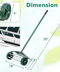 Rolling Lawn Aerator 18 Inch With Fender And Tine Spikes, Anti Slip Handle, dimensions and features display
