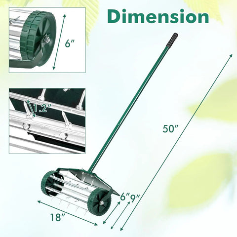 Rolling Lawn Aerator 18 Inch With Fender And Tine Spikes, Anti Slip Handle, dimensions and features display