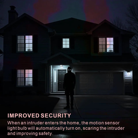 Motion Sensor LED Light Bulb For Indoor Use With Dusk To Dawn Auto On, E26 Base, 6000K Daylight, 13.5W Equals 100W, PIR Infrared Motion Activation, No Fuss Security Night Light, 4 Pack lighting a dark house entry at night
