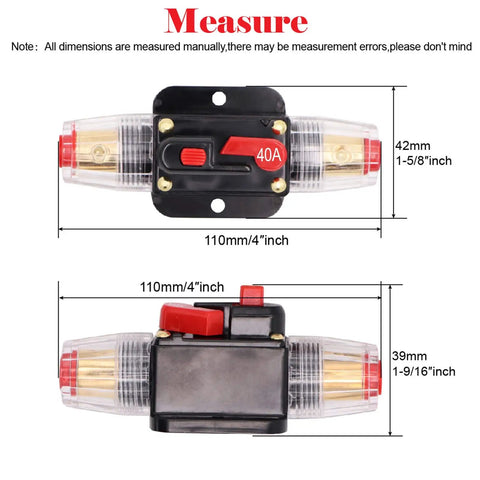 40 Amp Inline Circuit Breaker With Manual Reset Fuse Holder dimensions and details