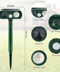 Outdoor Solar Powered Ultrasonic Animal Repeller With Motion Sensor And LED Flashing Light showing dimensions and features