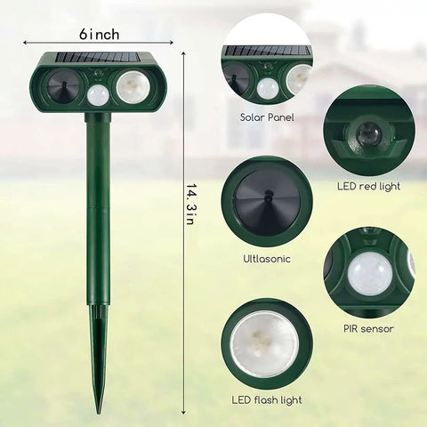 Outdoor Solar Powered Ultrasonic Animal Repeller With Motion Sensor And LED Flashing Light showing dimensions and features