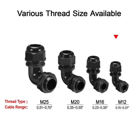 M12 Cable Gland 90 Degree Adjustable Strain Relief For 4 To 8mm Wires Nylon Joints With Gaskets Black 2 Pack, M12 size shown