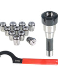 ER32 Collet Holder And Collet Set For CNC Milling And Engraving Machines, alloy steel, with wrench and collets arranged on a surface