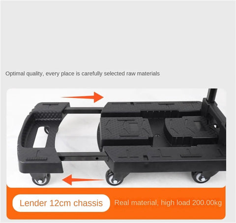 Foldable Moving Trolley For Easy Transport, Retractable Flatbed Sack Truck With 4 Swivel Front Wheels And 2 Fixed, black TPE chassis, 12cm wide