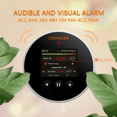 Long Life Radon Detector With 20 Year Sensor And Home Air Quality Monitor, Audible And Visual Alarm, front view with TFT screen