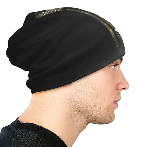 Side view of Cozy Camo American Flag Bigfoot Sasquatch Beanie Hat For Men And Women Unisex Winter Skull Cap on male model's head