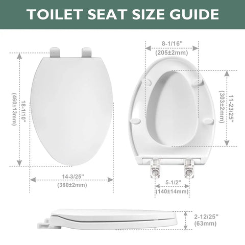 Elongated Toilet Seat With Slow Close Hinges And Four Non-Slip Bumpers, Easy To Install And Clean, Durable White Plastic Size Guide