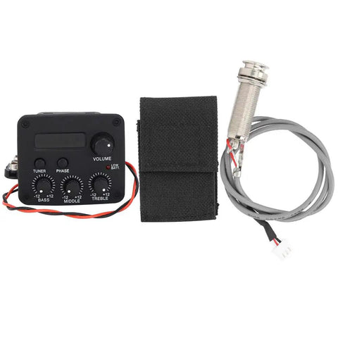 Three Band EQ Preamp Guitar Pickup System with LCD, volume, bass, middle, and treble knobs, includes cables and mount.