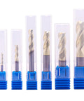 Solid Carbide End Mill Set For Aluminum, 6 Pc ZRN Coated, Beast Mode 3 Flute, in clear plastic packaging, front view