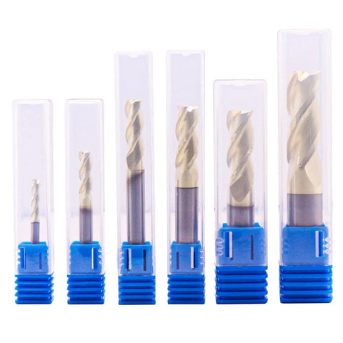 Solid Carbide End Mill Set For Aluminum, 6 Pc ZRN Coated, Beast Mode 3 Flute, in clear plastic packaging, front view