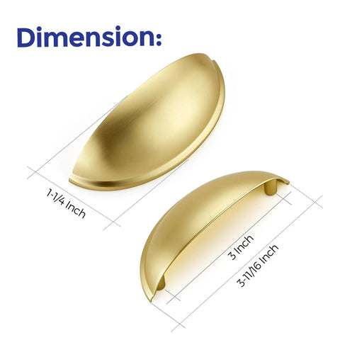 12 Pack 3 Inch Brushed Brass Cabinet Drawer Pulls Cup Style Handles For Kitchen Hardware - Dimensions of cup pull shown