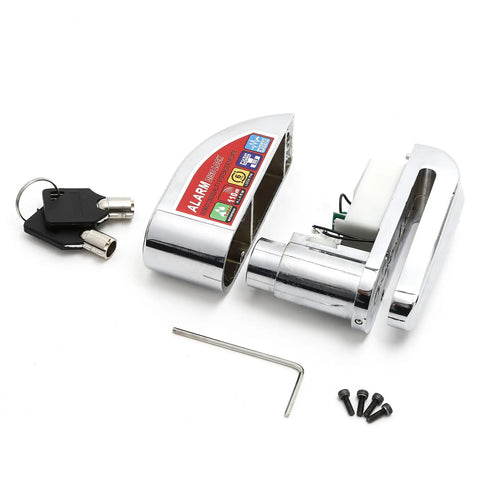 Heavy Duty Disc Brake Rotor Lock With Waterproof Electronic Alarm For Scooters Motorcycles And Bicycles shown with keys and screws
