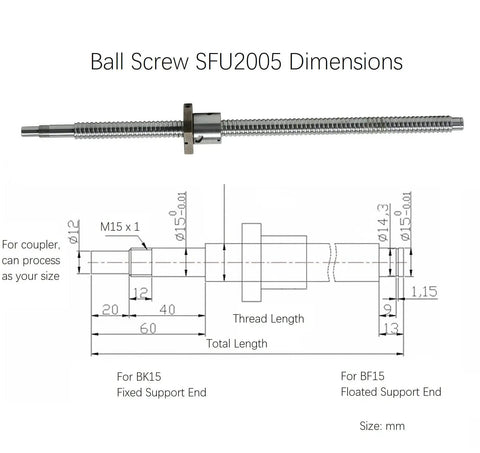 Ball Screw SFU2005 dimensions diagram and full view with fixed and floated ends, 1650mm length.