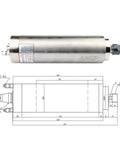 Built Tough Water Cooled Spindle Motor With ER20 Collet For CNC Router Milling And Drilling 220V 380V side view and dimensions diagram.