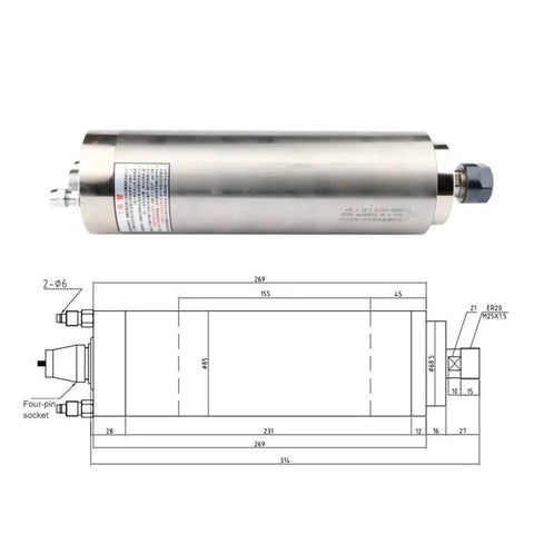Built Tough Water Cooled Spindle Motor With ER20 Collet For CNC Router Milling And Drilling 220V 380V side view and dimensions diagram.
