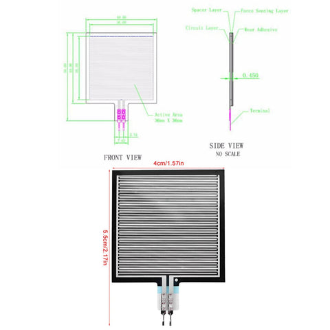Front view of S40 ST Thin Kraftsensor pressure pad; black square film with 36x36 mm active area and dual-pin connector.