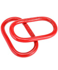 Close-up of two red 5/8-inch oblong master links interlocked, Grade 80 steel lifting hardware