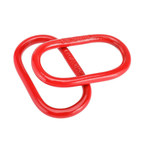Close-up of two red 5/8-inch oblong master links interlocked, Grade 80 steel lifting hardware