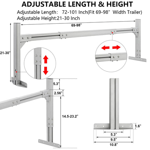 Heavy Duty Roof Ladder Rack For Open And Enclosed Trailers Adjustable Fit For 5.7 To 8.1 Foot Width 800 Pound Load Bearing Aluminum Tubes With Reinforced Base Plate For Built To Last Stability And Durability, adjustable length and height