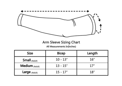 Arm sleeve sizing chart showing measurements for small, medium, and large sizes for the Dope Black Compression Arm Sleeves.