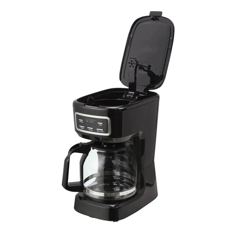 Sleek Black 12 Cup Programmable Drip Coffee Maker With Bold Brew Control Auto Timer Programmable LED Display and Heat Resistant Glass Carafe.