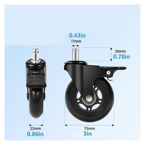 3 Inch Lockable Office Chair Caster with smooth rolling heavy duty wheel, dimensions shown for easy compatibility.