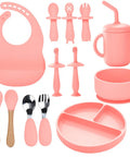 Silicone Baby Feeding Set 13Pc Kit With Suction Bowl Plate Spoons Forks Bib Cup Toothbrush LED Weaning Supplies For 6 Months Plus Pink Must Have Kid Friendly Mess Free