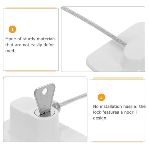 Close-up of 2 Pack Kidproof Safety Locks For Cabinets And Windows With Fall Prevention And Window Limiter Durable ABS And Steel Wire White Finish Sleek Modern Design That Keeps Your Home Safe With Easy Install And Stress Free showing steel wire and key slot design.