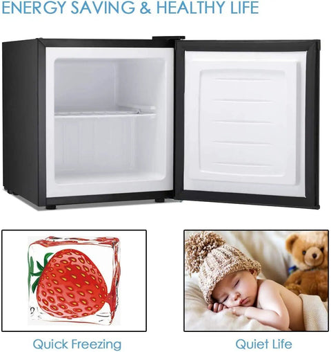 Straight Up Chilling 1.1 Cubic Foot Upright Mini Freezer With Reversible Single Door And Dial In Temp Settings featuring open door and removable shelf.