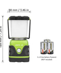 1000 Lumen Battery Powered LED Camping Lantern With Four Light Modes, shown with 3 D batteries beside it, dimensions indicated