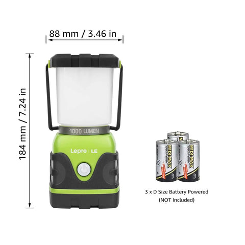 1000 Lumen Battery Powered LED Camping Lantern With Four Light Modes, shown with 3 D batteries beside it, dimensions indicated