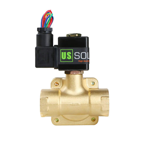 Front view of Beefy Heavy Duty Brass Electric Solenoid Valve Three Quarter Inch High Pressure 12 VDC Normally Closed with wires