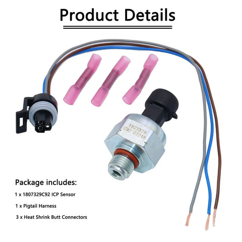 Ford 7.3L Power Stroke ICP Injection Control Pressure Sensor with plug-and-play pigtail kit and connectors.