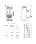 Diagram of 32 Amp AC Miniature Circuit Breaker 2 Pole DIN Rail Mount Thermal Magnetic Trip Switch For Solar Or Home AC Systems 120 240V C Curve MCB 63 Amp Heavy Duty Overload And Short Circuit Protection with measurements.