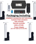 Straight Up Heavy Duty 3000N Load Four Piece Linear Actuators With Hall Controller For 24V DC Power set with remote and power adapter.