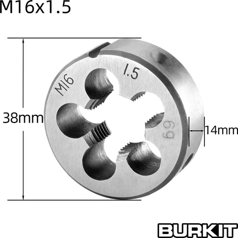 M16 X 1.5 Tap And Die Set For Right Hand Machine Threads, round die close-up with dimensions, straight flute design