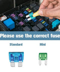 Person using fuse puller to replace blade fuse in a vehicle, shown with standard and mini fuses for 140 Piece Car Fuses Assortment Kit