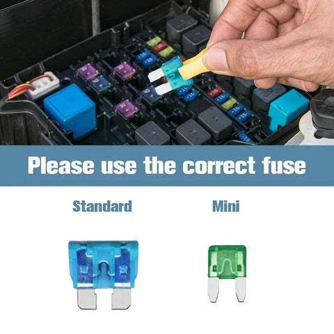 Person using fuse puller to replace blade fuse in a vehicle, shown with standard and mini fuses for 140 Piece Car Fuses Assortment Kit