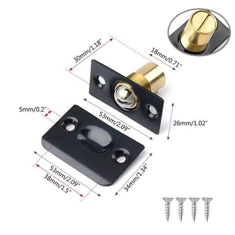 Adjustable Brass Door Catch Ball Catch For Interior Doors Hidden Invisible Mount with dimensions and screws shown