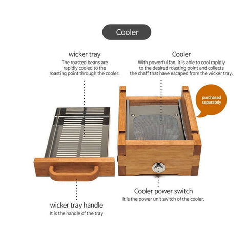 Wooden cooler unit and wicker tray for Home Coffee Bean Roaster 250 With Transparent Glass Chamber Noiseless Operation Large Capacity Rapid Cooling