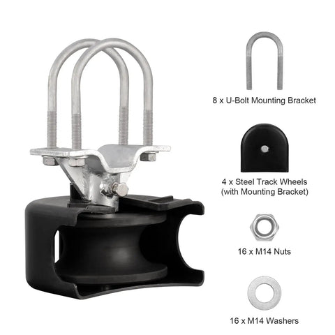 Black Workhorse Sliding Gate Kit With U-Shaped Wheel Groove, 4 Track Rollers, Rustproof Hardware, and Durable Bracket