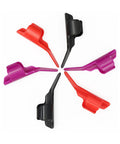 Sewing Finger Guards Pack Of 3 Soft Breathable Finger Sleeves in red, black, purple arranged in a circle, top view.