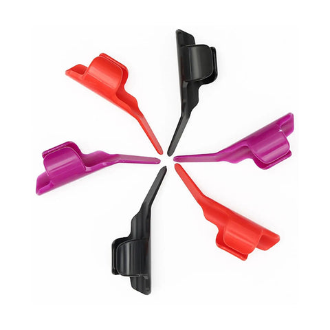 Sewing Finger Guards Pack Of 3 Soft Breathable Finger Sleeves in red, black, purple arranged in a circle, top view.