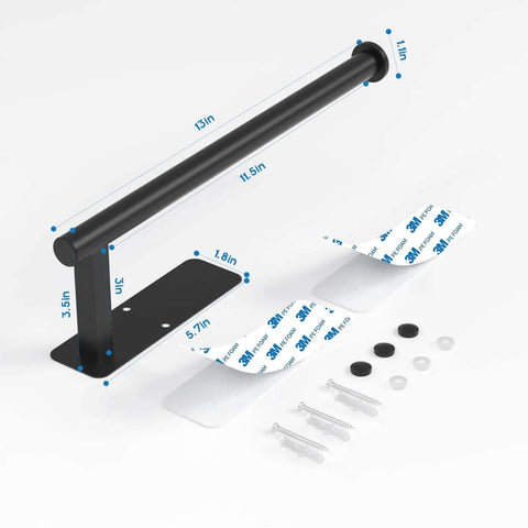 No Drill Under Cabinet Paper Towel Holder With Self Adhesive Wall Mount, black stainless steel, includes mounting hardware and adhesive strips.